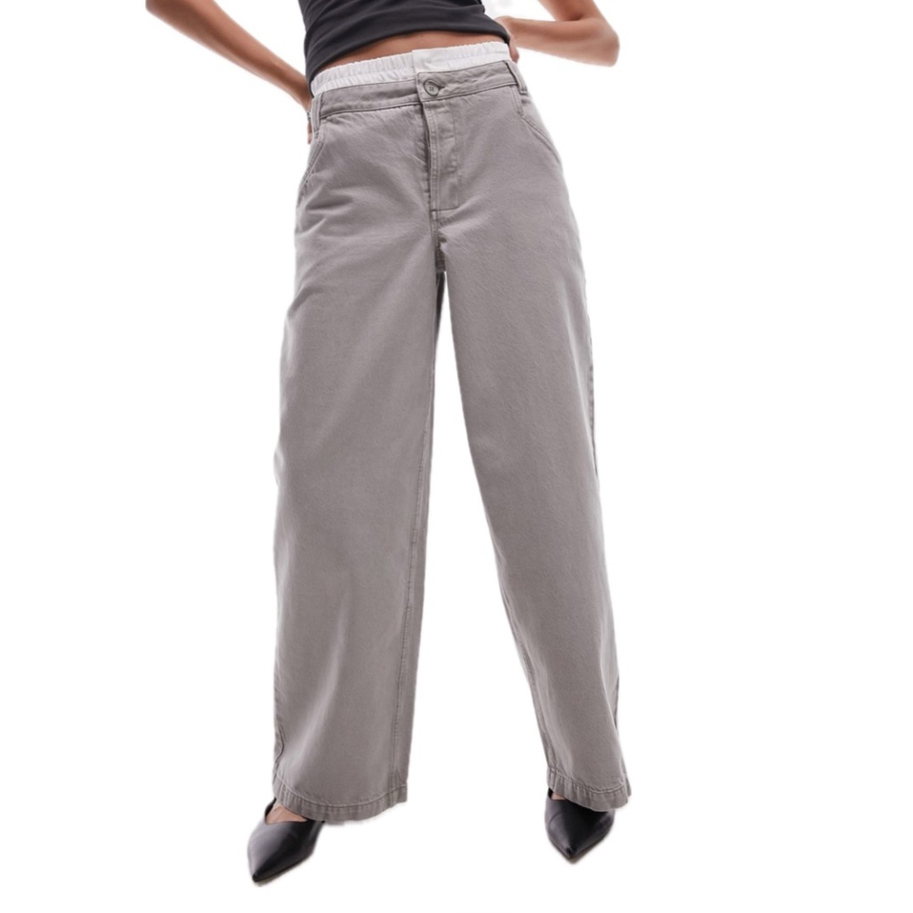 Topshop Boxer Waistband Cotton-Blend Wide-Leg Denim Pants (Grey/White) - Picture 2 of 16